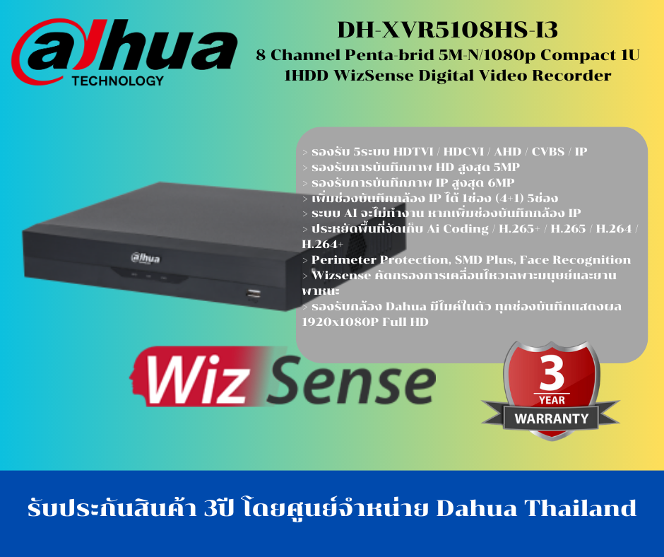 DVR XVR 8 CH Dahua รุ่น DH-XVR5108HS-I3 รองรับ 5ระบบ HDTVI / HDCVI / AHD / CVBS / IP