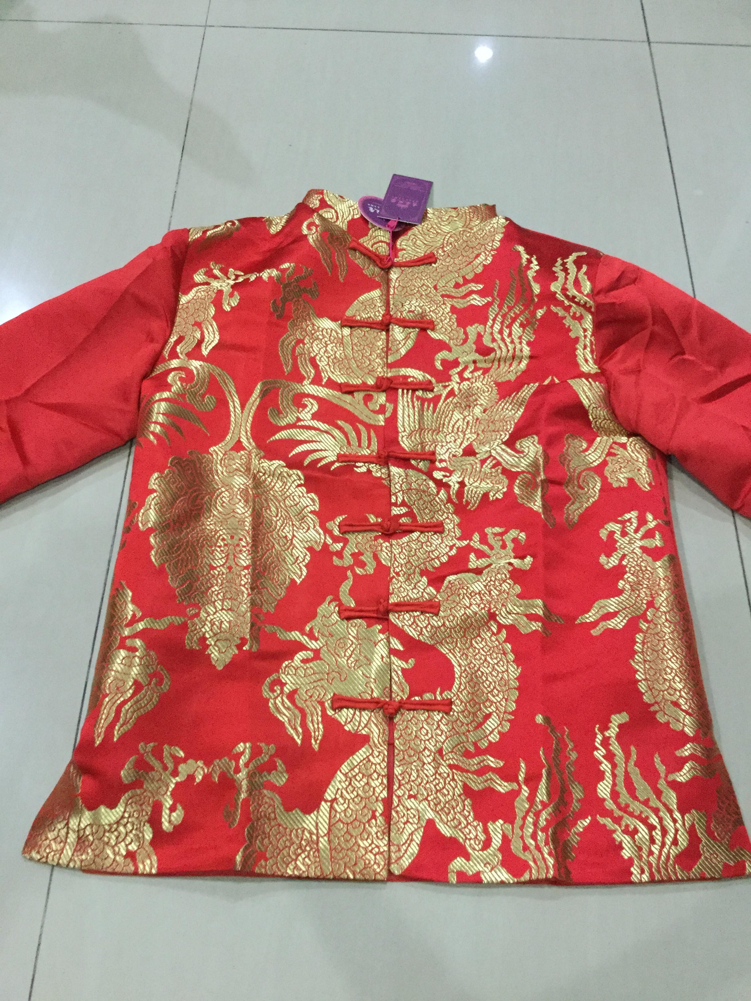 เสื้อจีนผู้ชายสีแดงลายมังกร 2 ด้าน สีทอง ZH135 พร้อมส่ง