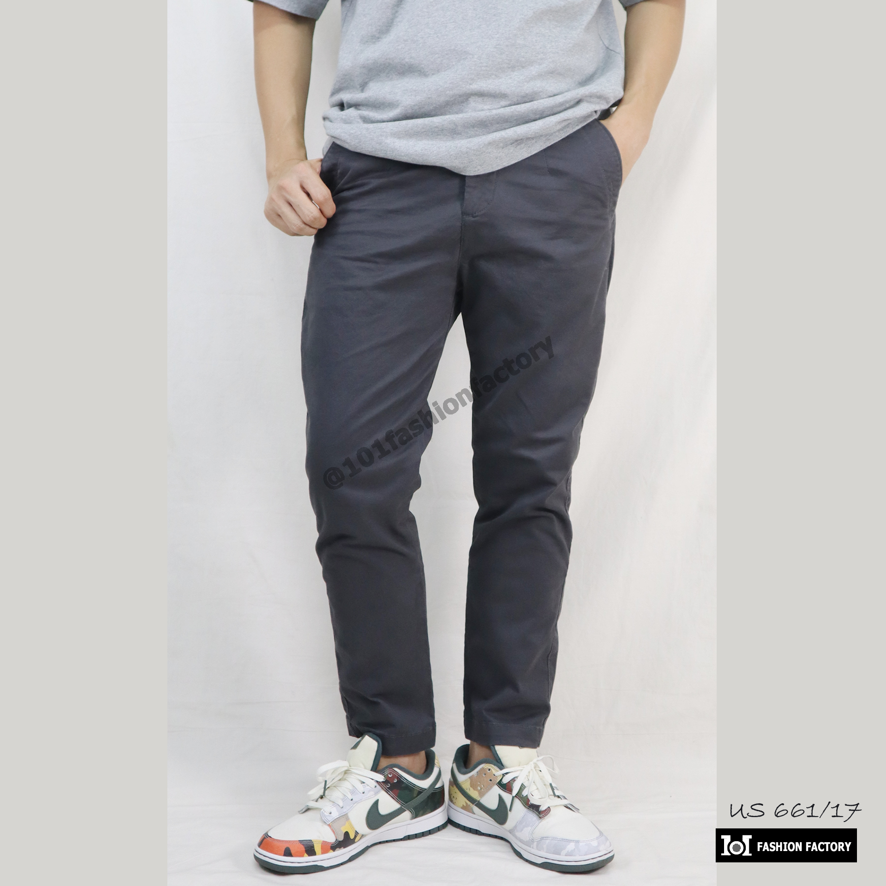 กางเกงขาเต่อ NO.661/17 Cropped Pants ทรงกระบอกชีโน่ยืด สีเทากรม | US101