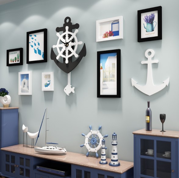ชุดกรอบรูปติดผนัง Anchor Clock กรอบรูป 7 ชิ้น+สมอเรือ+นาฬิกาสมอเรือ พร้อมรูปภาพตามแบบและวัสดุติดตั้ง