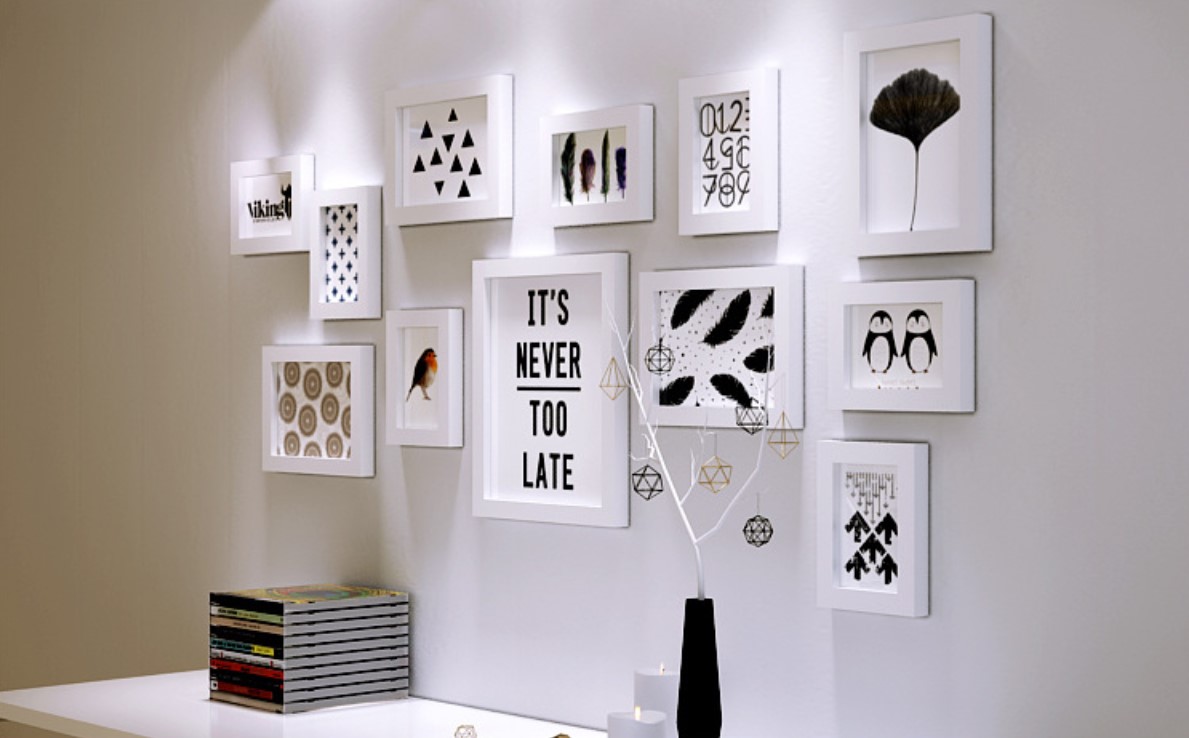 ชุดกรอบรูปติดผนัง White 12 กรอบรูปไม้สีขาว 12 ชิ้น พร้อมรูปภาพตามแบบและวัสดุติดตั้ง