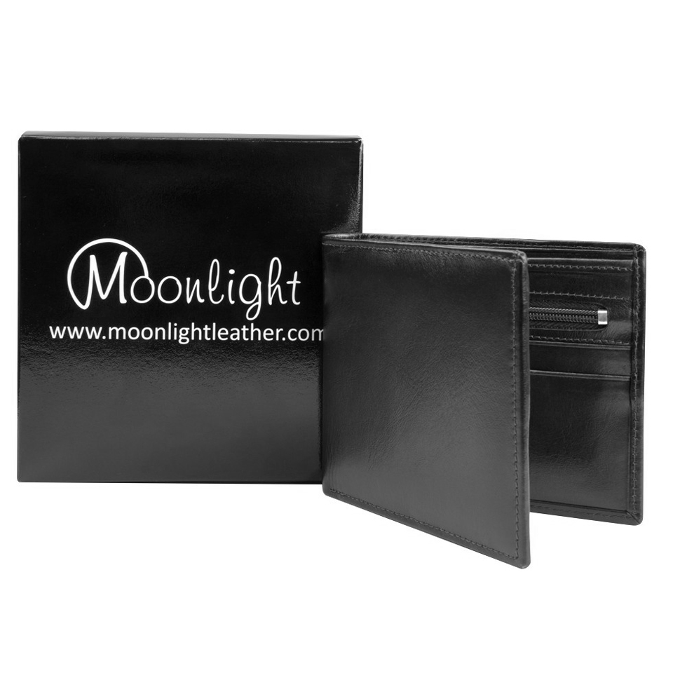 กระเป๋าสตางค์หนังวัวแท้ใบสั้น สำหรับผู้ชาย รุ่น Boss แบรนด์ MOONLIGHT สีดำ เงางาม ทนทาน ไม่ลอกร่อน มีกล่อง เป็นของขวัญได้