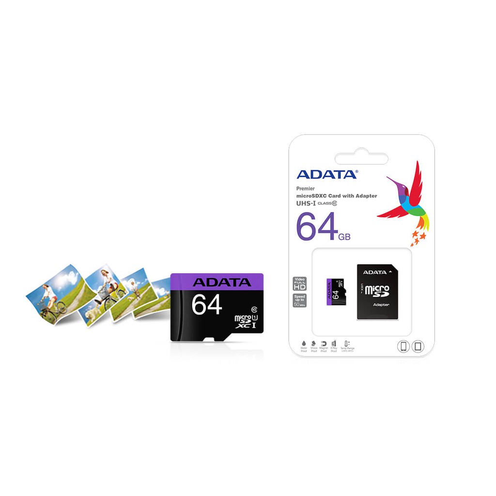 ADATA (เมมโมรี่การ์ด) 64GB รุ่น Premier Micro SDHC Class 10 UHS-I Speed 80 MB/s With SD Adapter (ADT-DX64GUICL10RA1)