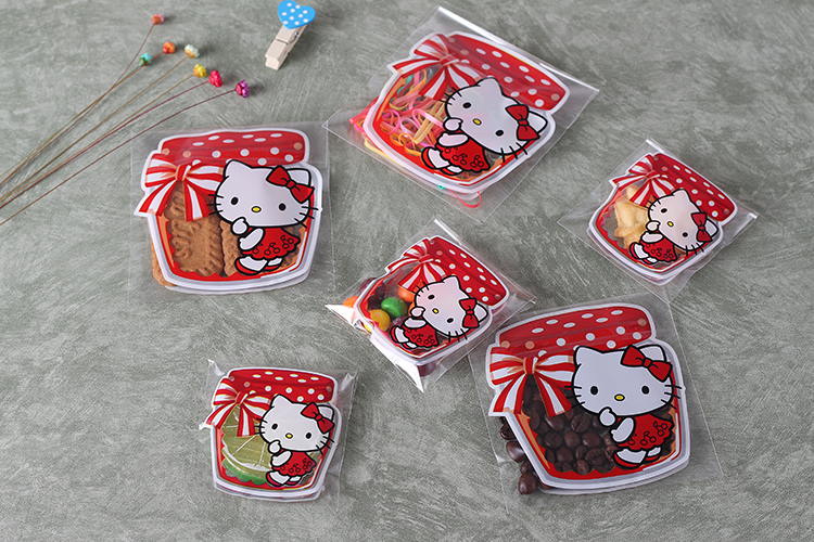 ล้างสต็อก//ถุงคุกกี้ แถบกาว 10x10 ลายคิตตี้ ขวดแยมสีแดง แพ็ค 100 ใบ