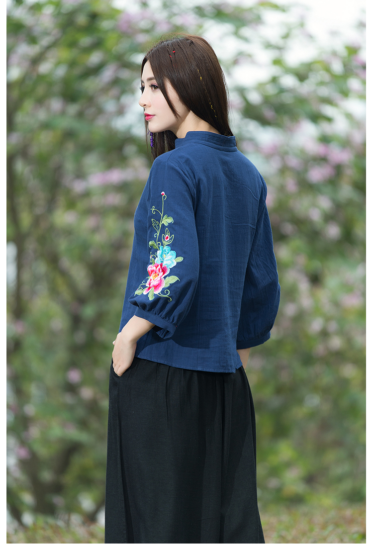 เสื้อผ้าลินิน สีน้ำเงิน ลายปัก รหัส SHI 69 สินค้าพร้อมส่ง