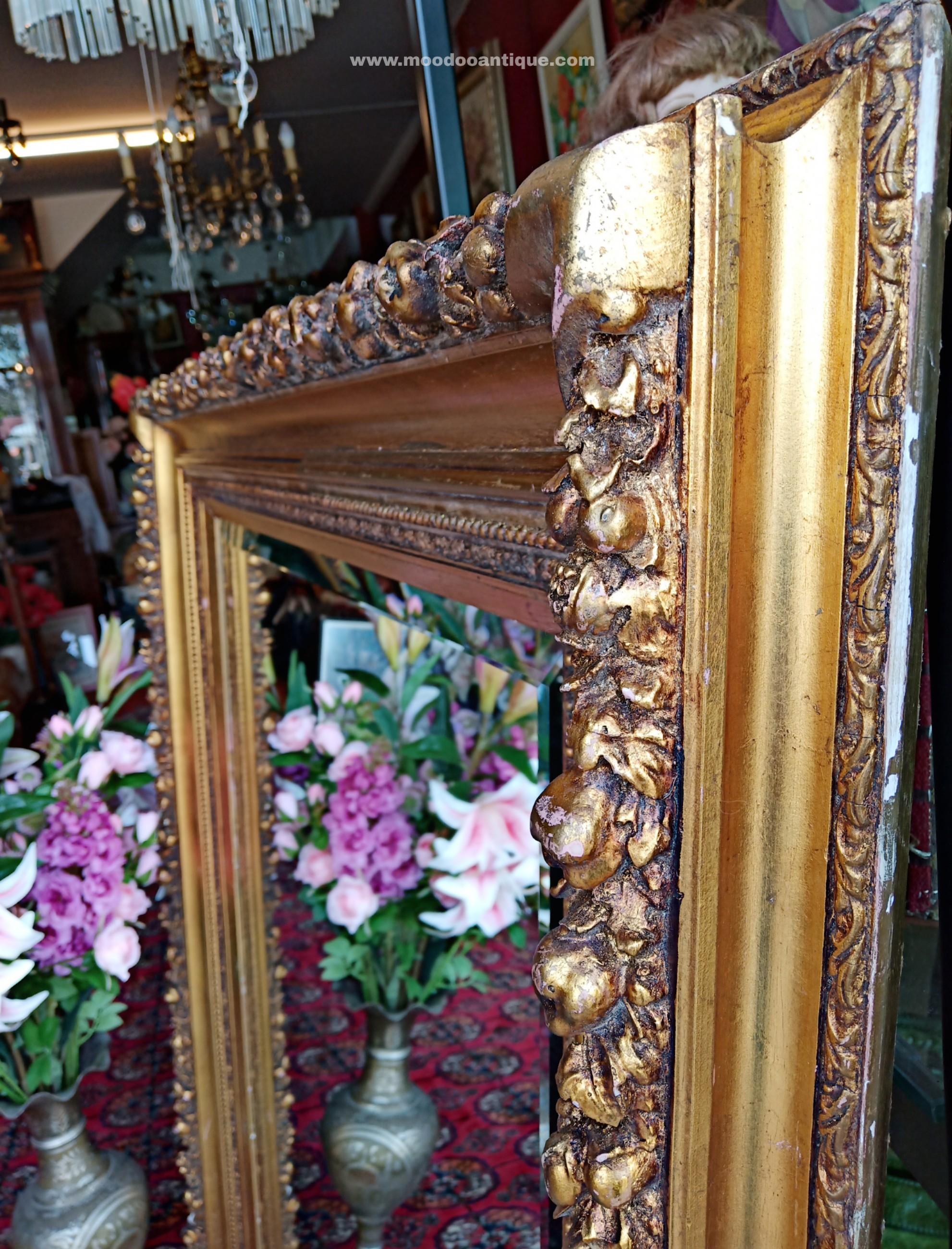 กรอบกระจกไม้แกะสลักสีทองงานฝรั่งเศส