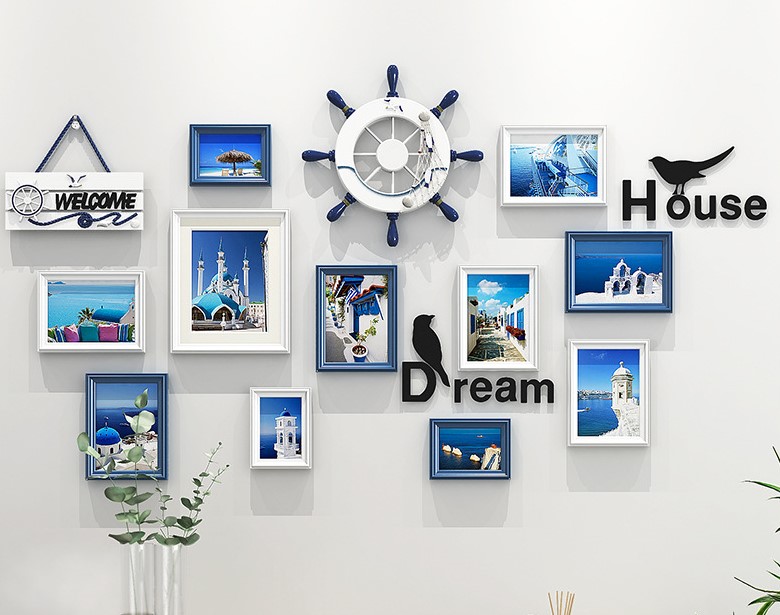 ชุดกรอบรูปติดผนังแนวทะเล Mediteranean Style 5 กรอบรูปไม้ 11 ชิ้น พร้อมภาพและของตกแต่งแนวทะเล