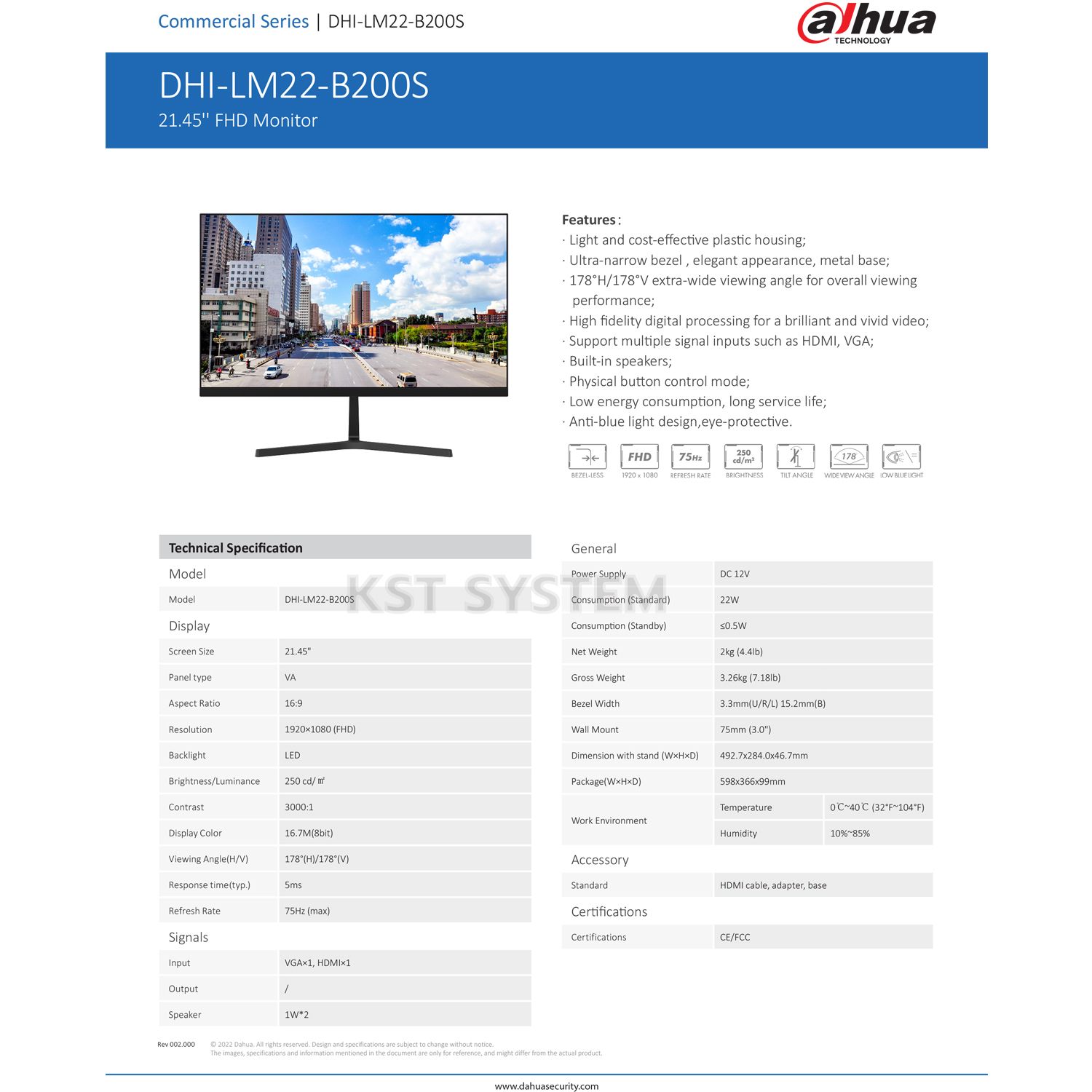 DHU-LM22-B200S Monitor FHD 21.45" LED 100Hz 1VGA/HDMI