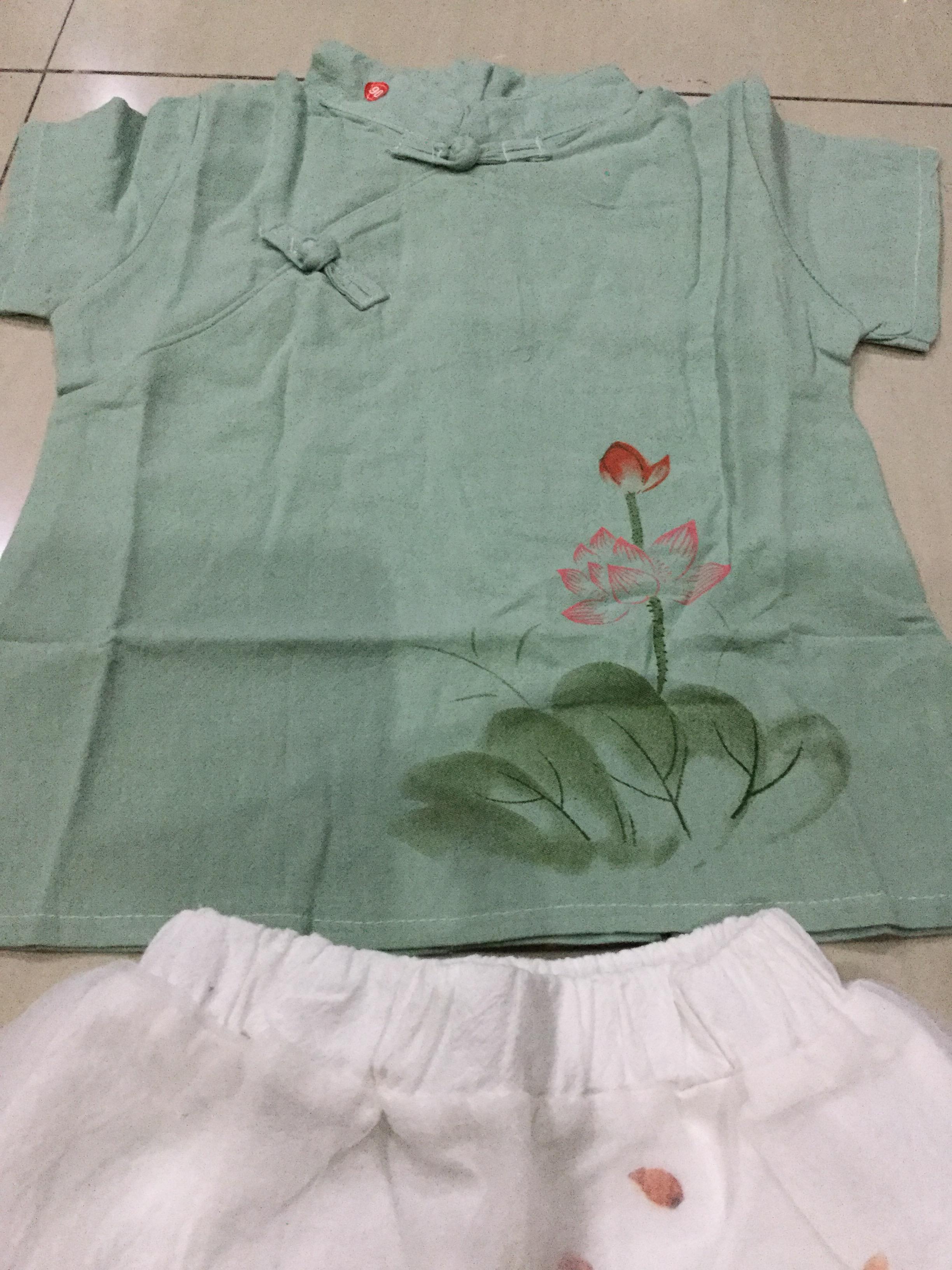 ชุดเสื้อเขียว+กางเกงขาว ผ้าฝ้าย ผ้าลินิน รหัส GP 58 สินค้าพร้อมส่ง