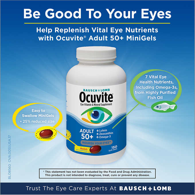 Ocuvite Adult 50+ 150 softgels จาก Bausch + Lomb วิตามินบำรุงตาสำหรับผู้ใหญ่อายุ 50 ปีขึ้นไป หมดอายุ 05/2026