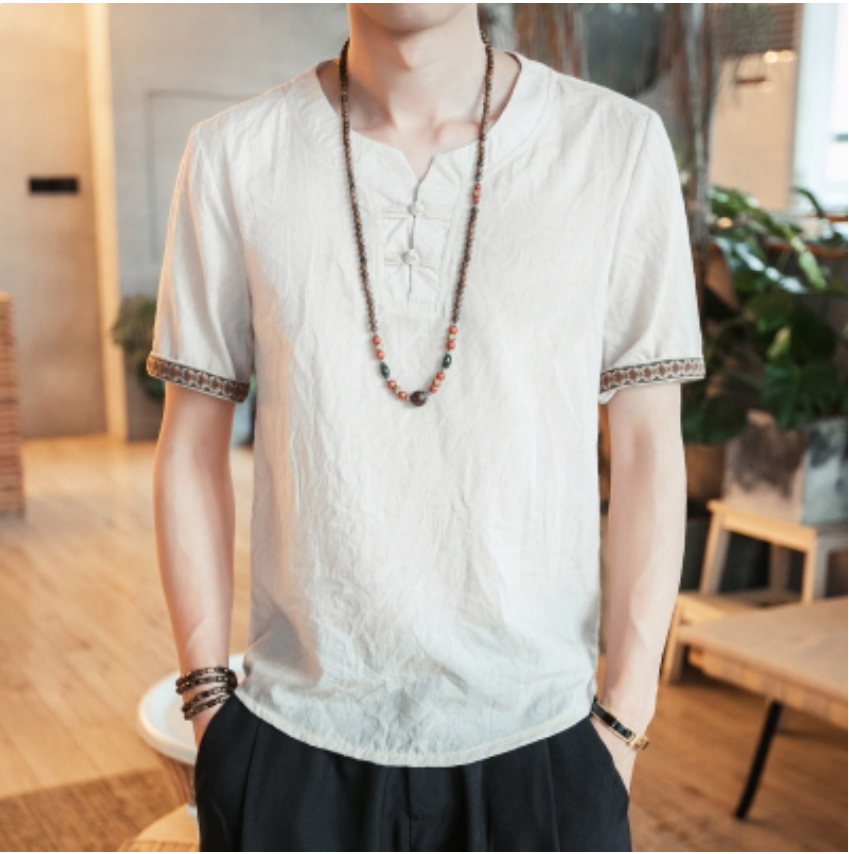 เสื้อจีนชาย ผ้าฝ้าย แขนสั้น สีขาว รหัส CT 32 สินค้าพร้อมส่ง