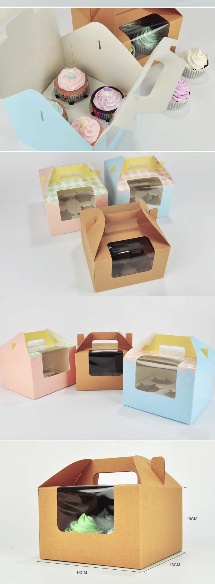 กล่องหูหิ้วคัพเค้ก 4 ชิ้น 15.5x15.5x10 สีฟ้าลายชมพู