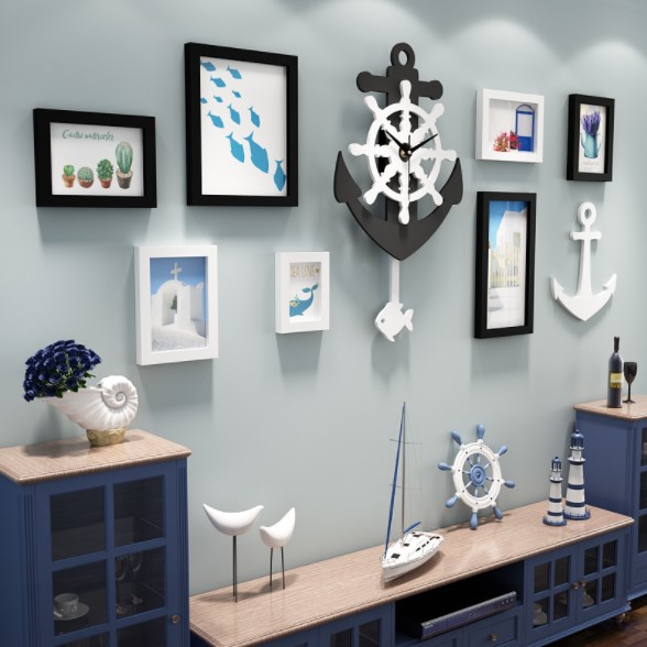 ชุดกรอบรูปติดผนัง Anchor Clock กรอบรูป 7 ชิ้น+สมอเรือ+นาฬิกาสมอเรือ พร้อมรูปภาพตามแบบและวัสดุติดตั้ง