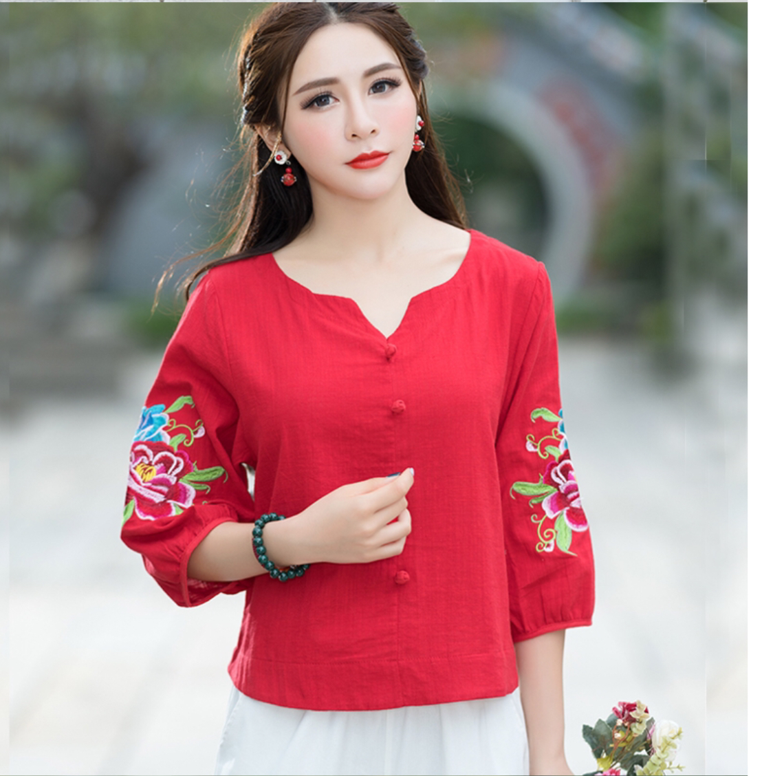 เสื้อผ้าลินิน สีแดงลายปัก รหัสRY 69