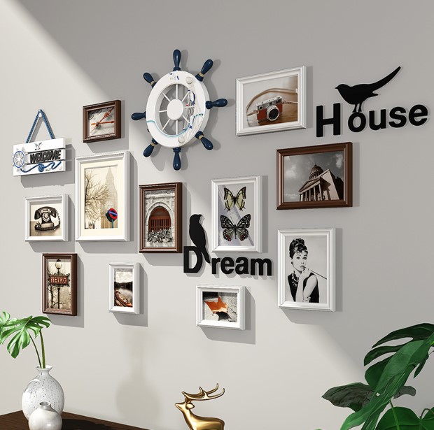 ชุดกรอบรูปติดผนังแนวทะเล Mediteranean Style5 (ฺBrown) กรอบรูปไม้ 11 ชิ้น พร้อมภาพและของตกแต่งแนวทะเล