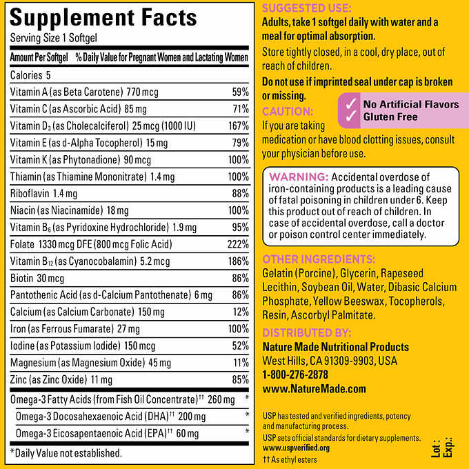 Nature Made Prenatal Multi + DHA วิตามินสำหรับคนท้อง 150 ซอฟท์เจล ฉลากใหม่ หมดอายุ 11/2026