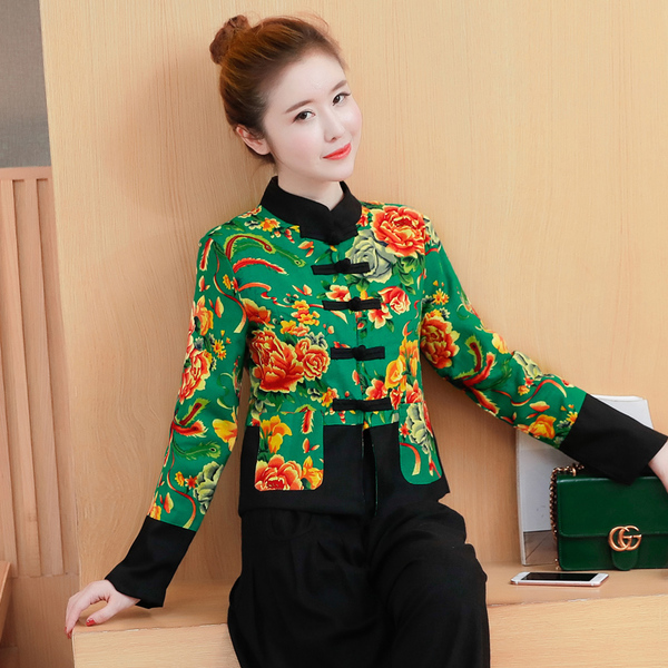 เสื้อผ้าฝ้ายแขนยาว สีเขียวpeony รหัส GR 53 สินค้าพร้อมส่ง