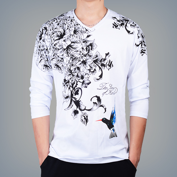 เสื้อผู้ชาย ผ้ายืด คอวี แขนยาวลายดอก สีขาวรหัส SL 75 สินค้าพร้อมส่ง