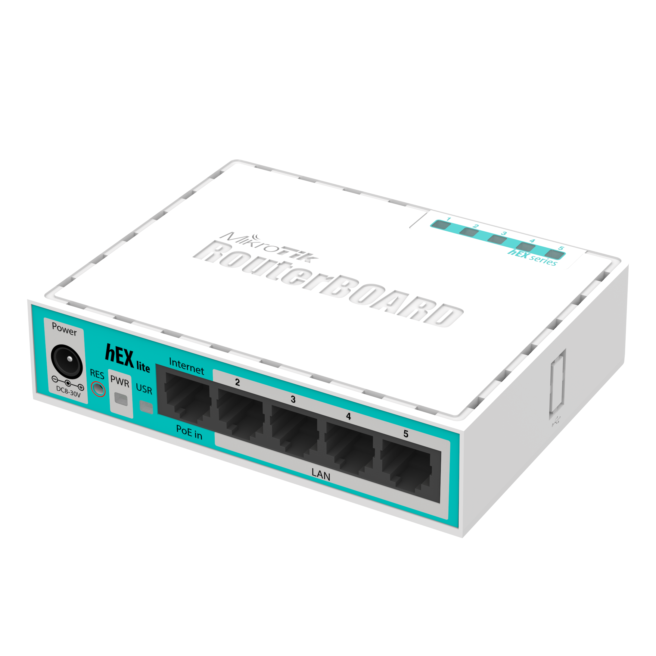 Router Microtik RB750R2 hEX lite with 850MHz CPU, 64MB RAM, 5 LAN ports, RouterOS L4, plastic case, PSU