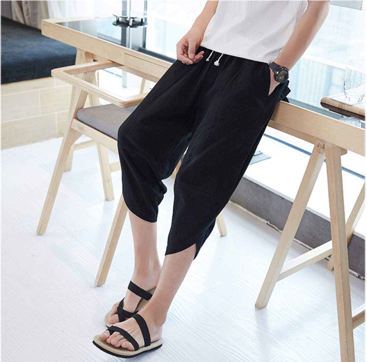 กางเกง ผ้าลินิน สีดำ รหัส TR 49 สินค้าพร้อมส่ง