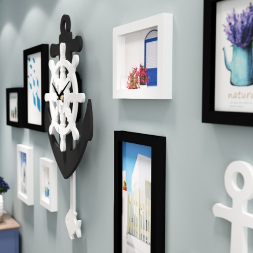 ชุดกรอบรูปติดผนัง Anchor Clock กรอบรูป 7 ชิ้น+สมอเรือ+นาฬิกาสมอเรือ พร้อมรูปภาพตามแบบและวัสดุติดตั้ง