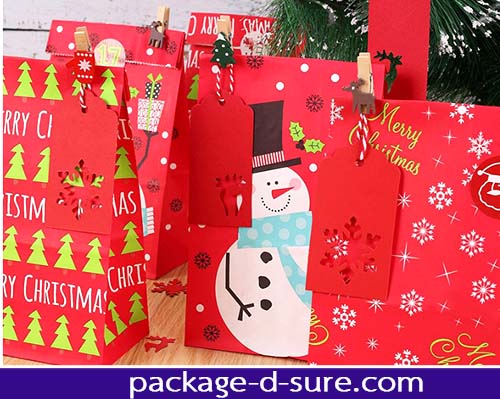 โปรโมชั่น//ถุงกระดาษสีแดงแบบฐานตั้ง 13x24+8 ลาย snowman แพค 5 ใบ