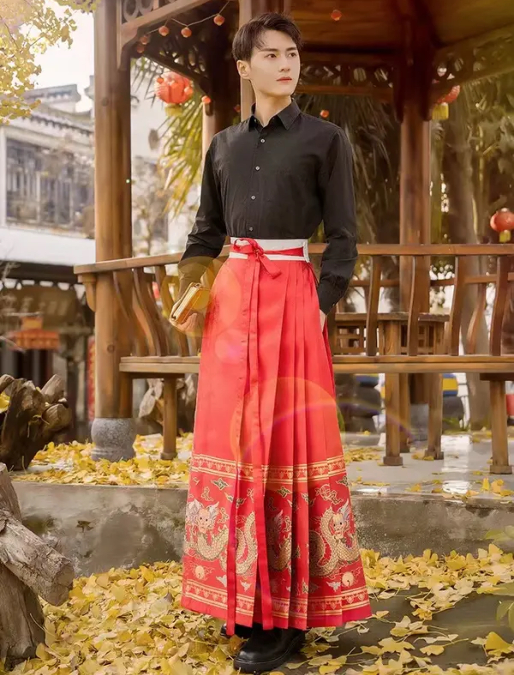 ชุดกระโปรงหม่าเมี่ยนยาว สีแดงลายมังกร สินค้าพร้อมส่ง
