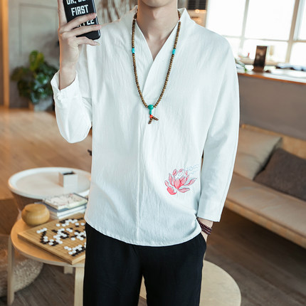 เสื้อจีนชายสีขาว ผ้าลินิน คอวี ลายปักดอกบัว รหัส B76 สินค้าพร้อมส่ง