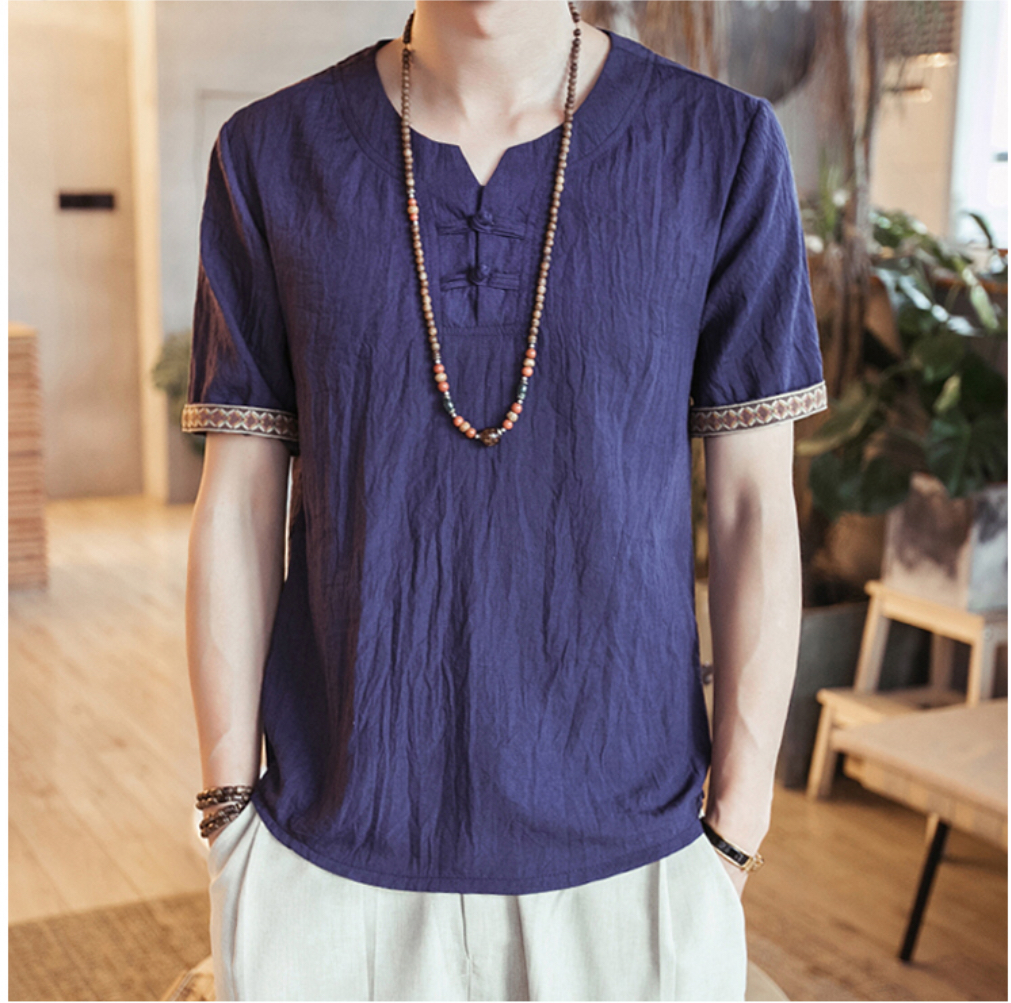 เสื้อจีนชาย ผ้าฝ้าย แขนสั้น สีน้ำเงิน รหัส CT 32 สินค้าพร้อมส่ง