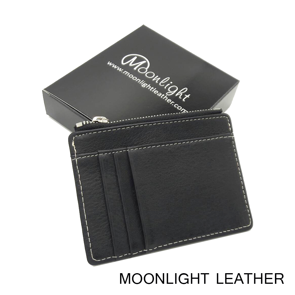 กระเป๋าใส่เหรียญ ใส่บัตรหนังแท้ MOONLIGHT รุ่น Pure สีดำ หนังวัว นุ่ม ไม่ลอก ทน กระทัดรัด ใส่แบงค์ได้ มีกล่องสวย