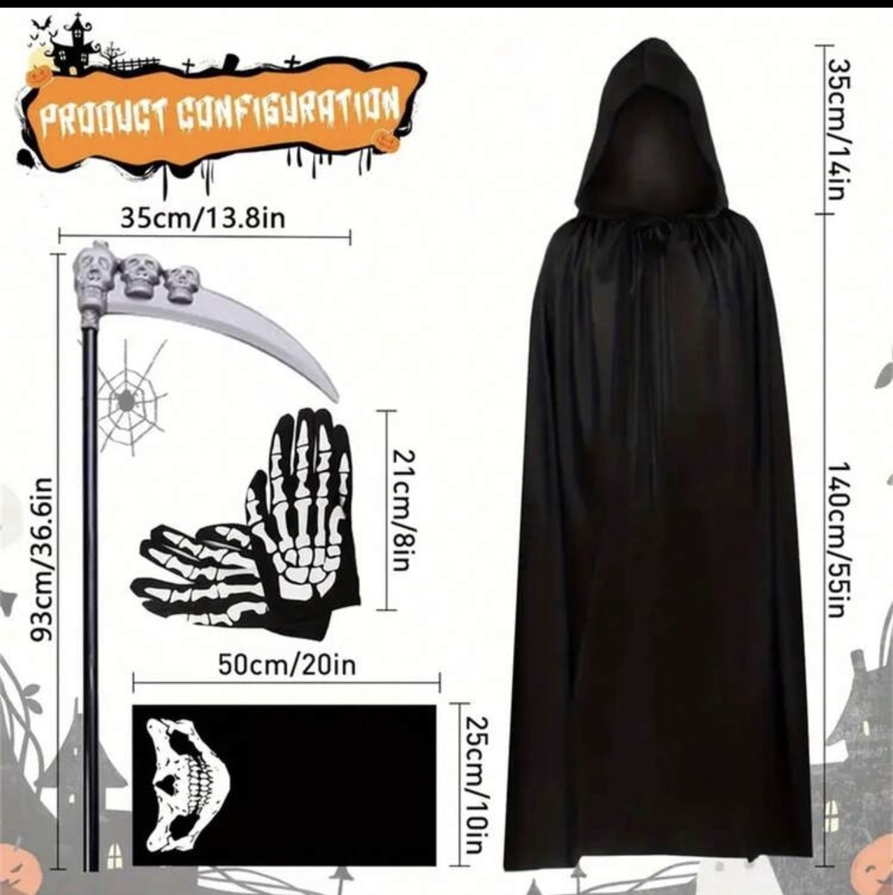 ชุดผู้เก็บวิญญาณ เสื้อคลุม+เคียว+หน้ากาก+ถุงมือเรืองแสง