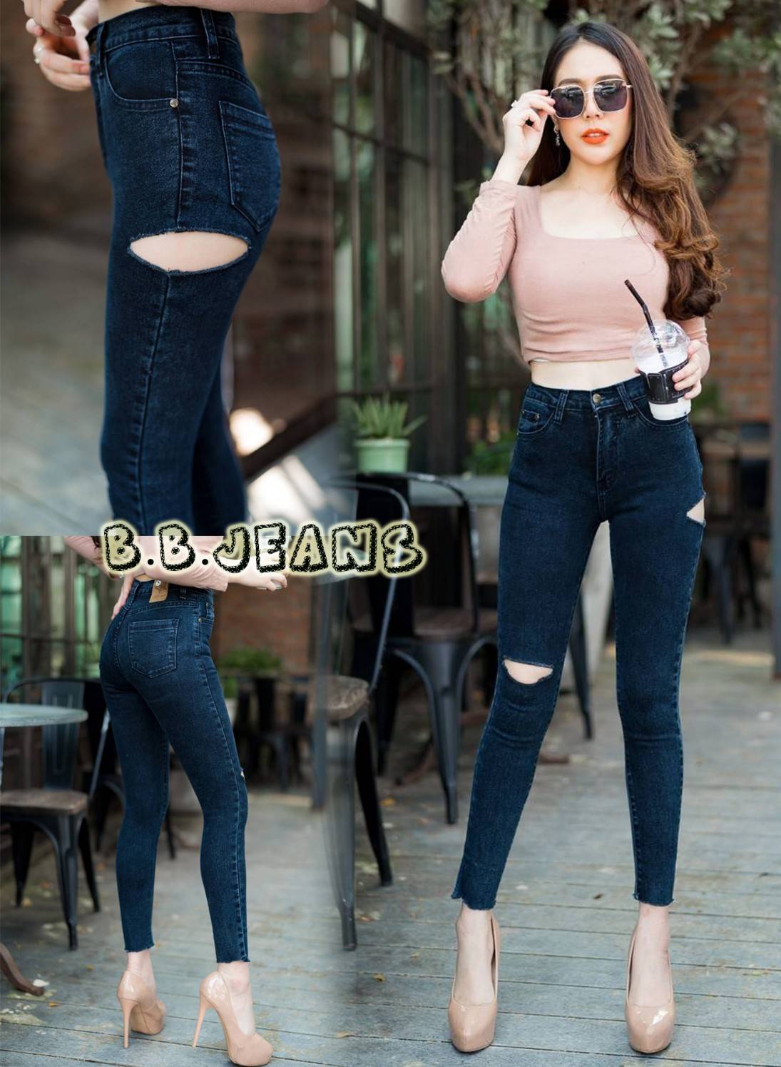 กางเกงเดฟขายาวเเต่ขาดขาดข้างกระเป๋าสีมิดไนส์