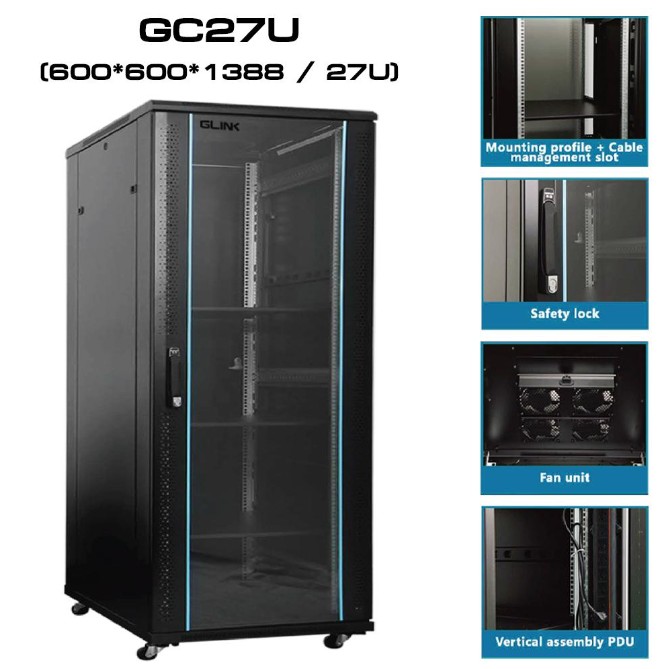 Rack 27U ลึก 60CM 60*60*138.8 CM [พร้อมถาด1ใบ พัดลม1ชุด ในตัว] Glink