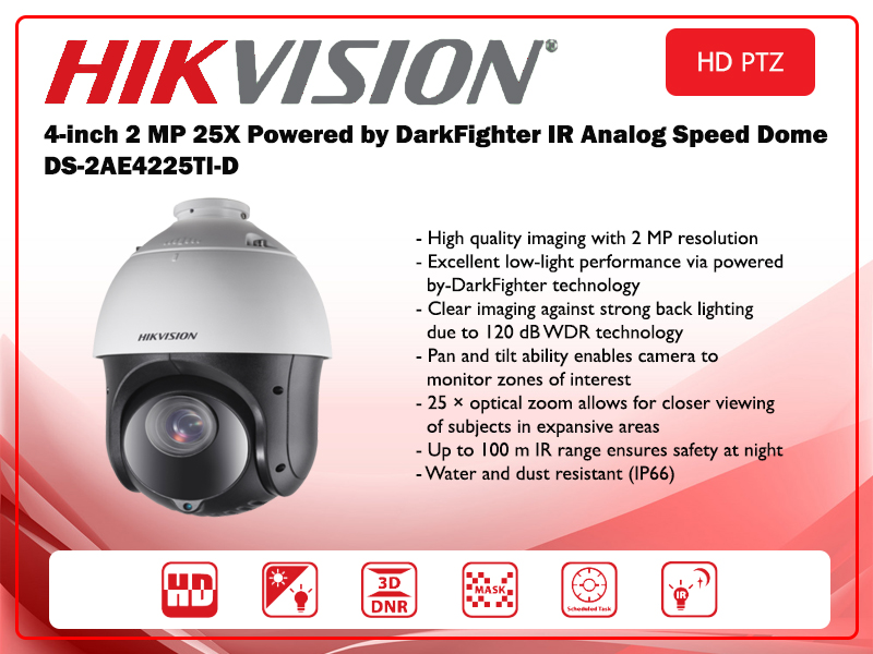 Hikvision 4-inch 2 MP 25X Powered by DarkFighter IR Analog Speed Dome รุ่น DS-2AE4225TI-D (E) มีขาจับ DS-1618ZJ
