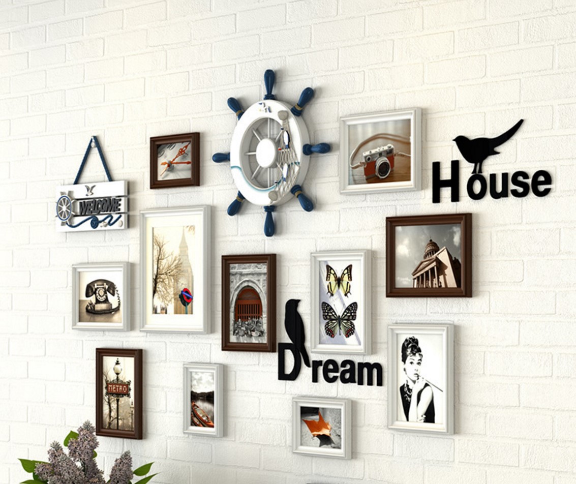 ชุดกรอบรูปติดผนังแนวทะเล Mediteranean Style5 (ฺBrown) กรอบรูปไม้ 11 ชิ้น พร้อมภาพและของตกแต่งแนวทะเล