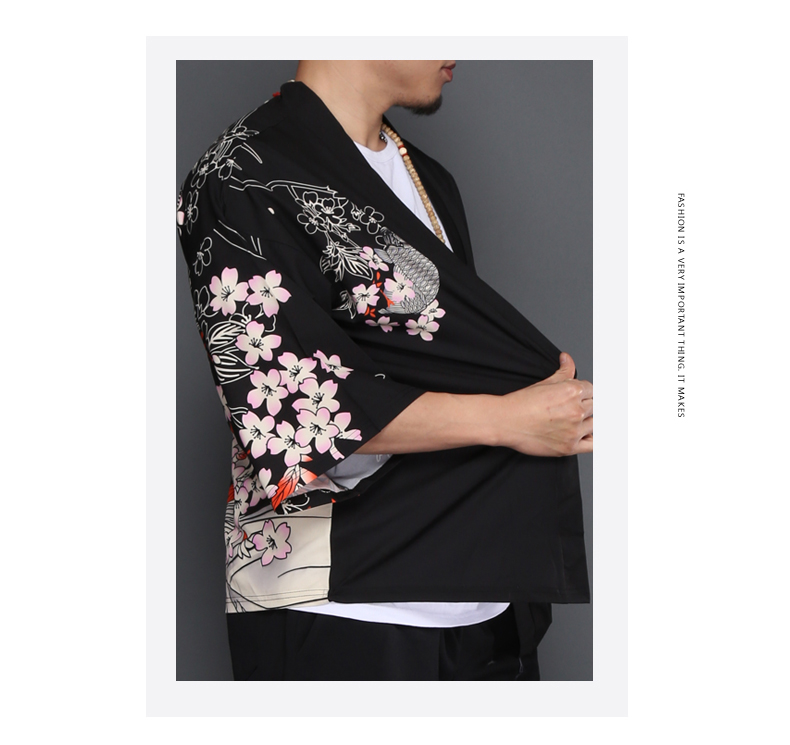 เสื้อแจ๊คเก็ต ผ้าลินิน ลายกิโมโน สีดำ รหัส HOT 60 สินค้าพร้อมส่ง