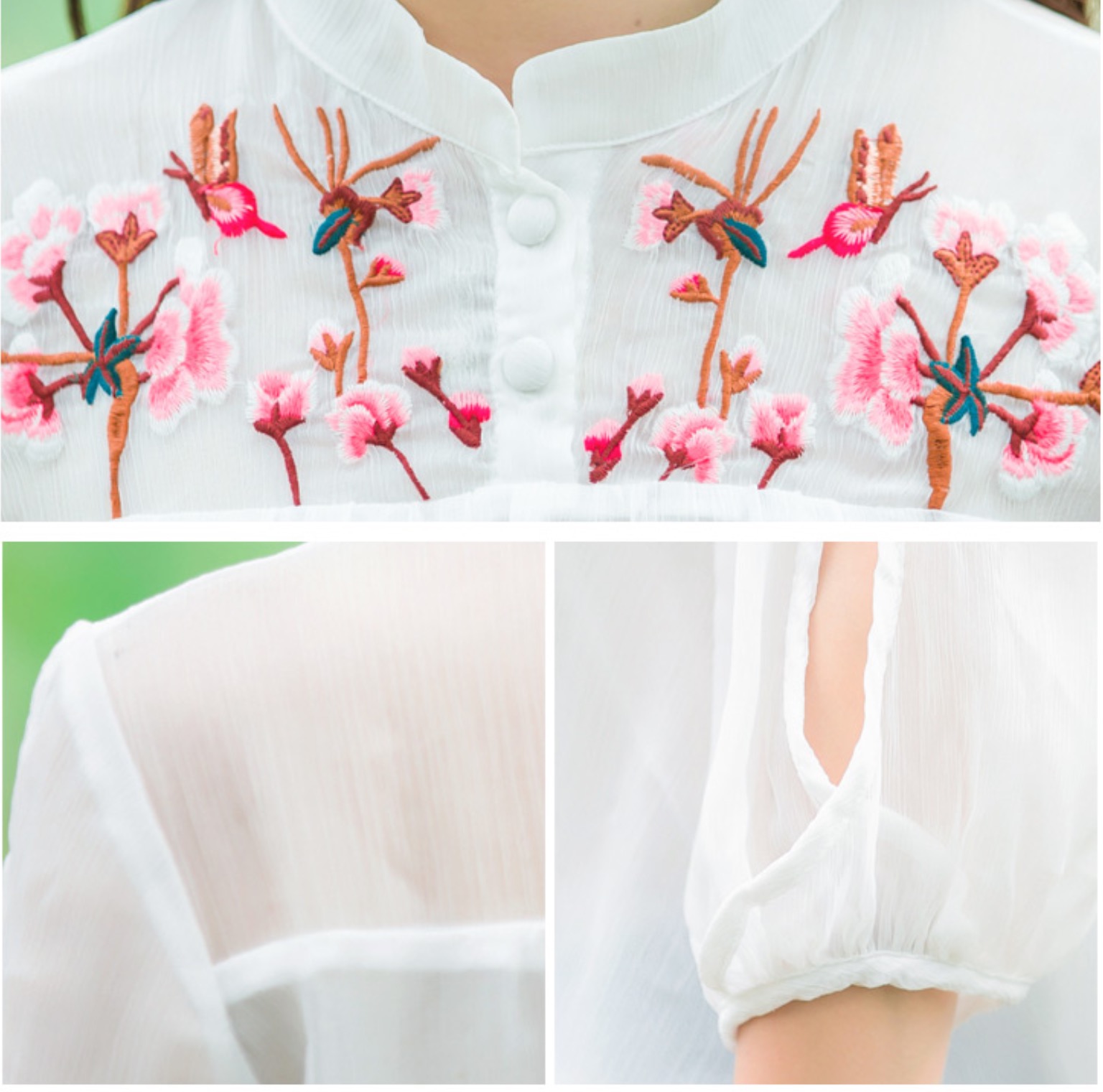 เสื้อแขนสี่ส่วน เนื้อดี ใส่สบาย รหัส WF 47. สีขาวลายปักดอก