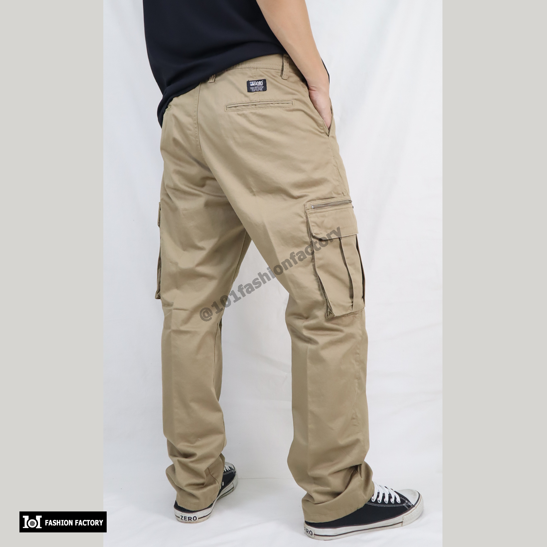 กางเกงคาร์โก้กระเป๋าข้าง NO.707/6 ขาตรงทรงหลวมกระบอกธรรมดา สีกากี | 101FashionFactory