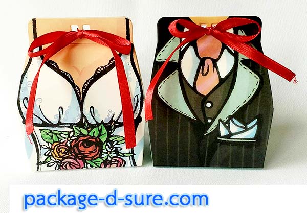 กล่องใส่ของชำร่วย ผูกโบว์ด้านหน้า 4.5x7x4.2 ลายเจ้าบ่าว เจ้าสาว