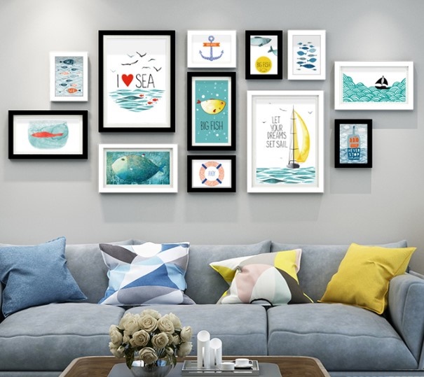 ชุดกรอบรูปติดผนัง กรอบรูปไม้สีขาวดำ 12ชิ้น กรอบรูปตกแต่งบ้าน พร้อมรูปภาพตามแบบและวัสดุติดตั้ง Gallery Wall Frames set I Love Sea (Black&White12)