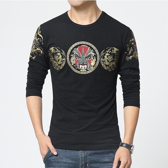 เสื้อผู้ชาย ผ้ายืด แขนยาวลายหน้ากาก สีดำ รหัส SL 75 สินค้าพร้อมส่ง