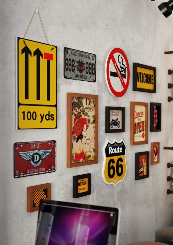 ชุดกรอบรูปติดผนัง Route66 กรอบรูป 9 ชิ้น+งานป้ายตกแต่ง+นาฬิกา พร้อมภาพตามแบบและวัสดุติดตั้ง