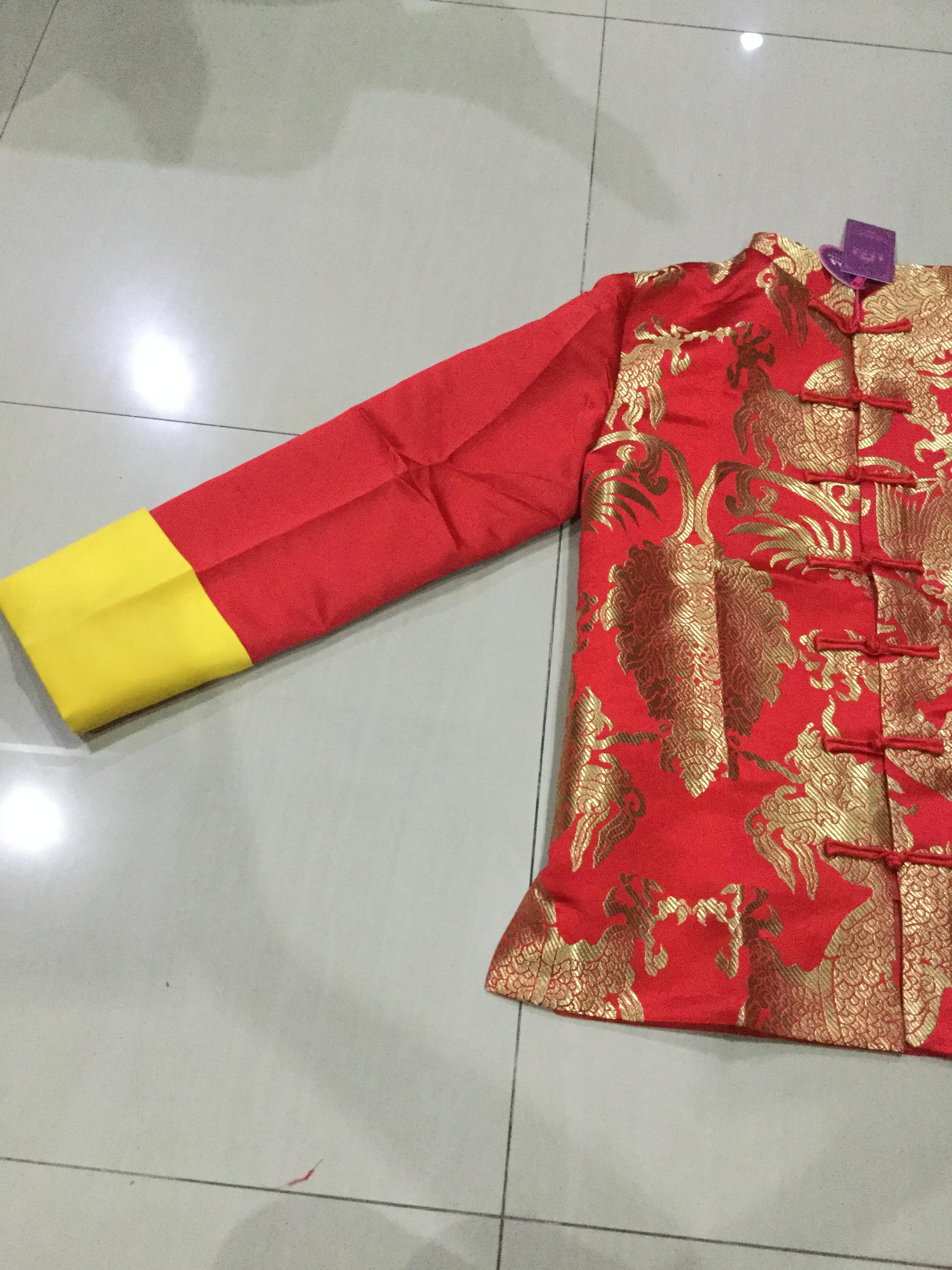 เสื้อจีนผู้ชายสีแดงลายมังกร 2 ด้าน สีทอง ZH135 พร้อมส่ง