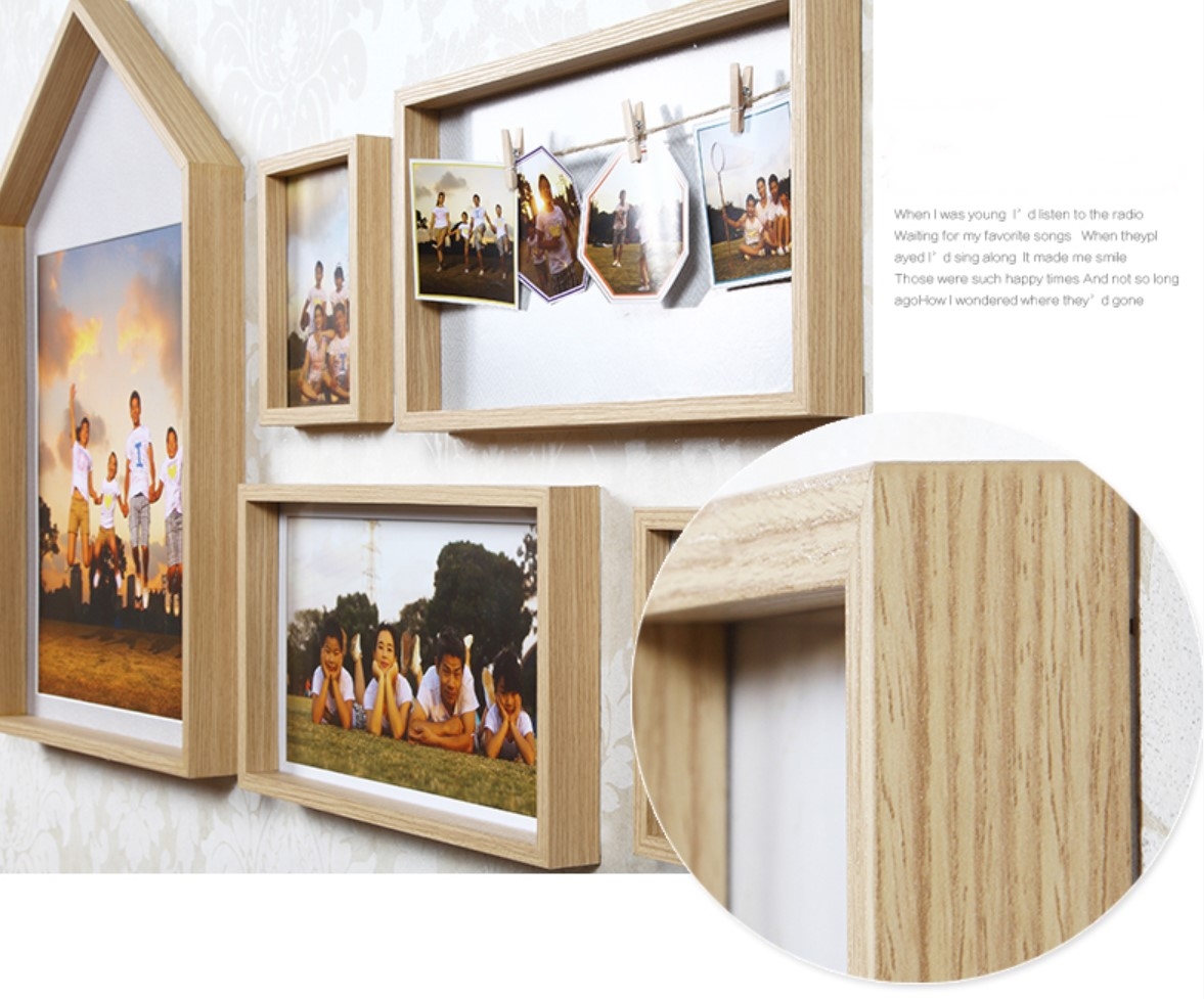 ชุดกรอบรูปติดผนัง Wood house กรอบรูป 4 ชิ้น + กรอบหนีบรูป พร้อมวัสดุติดตั้ง