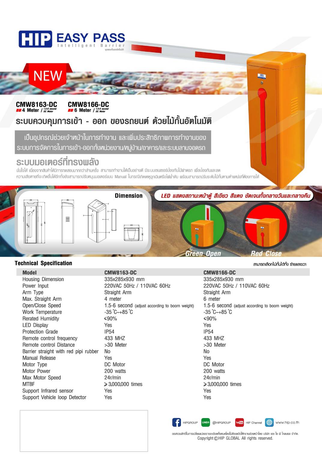 ชุดไม้กันรถยนต์พร้อมติดตั้ง อ่านบัตรระยะไกล Esypass HIP รุ่น CMW8163-DC/ CMW-8166DC ไฟดับใช้งานได้ !!! รุ่นใหม่!!! (พร้อมชุดสำรองไฟ Backup Module For Barrier CMW816X DC + Battery 12v7a จำนวน1ชุด)