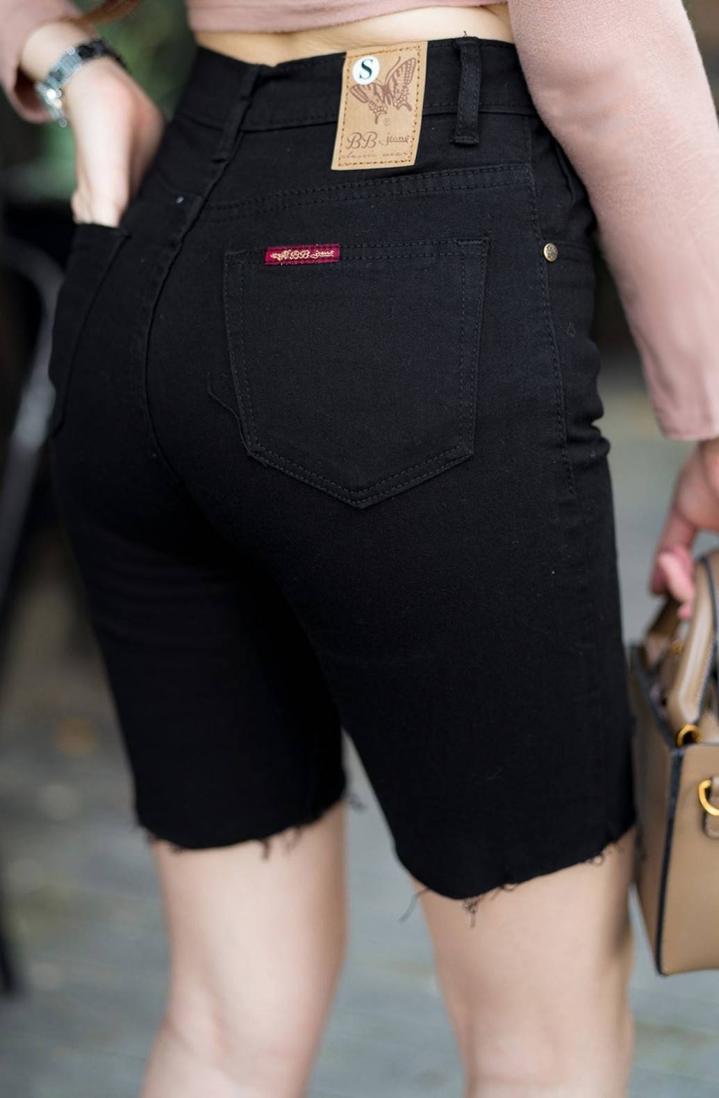 กางเกงยีนส์ 3 ส่วน สีดำ ปาดข้าง-BB04