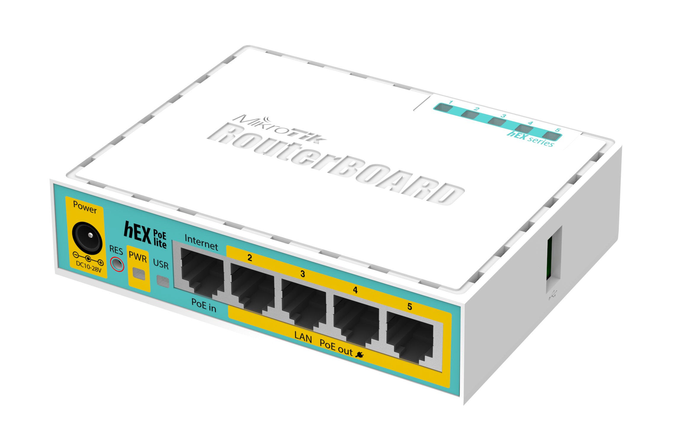 hEX PoE lite 5xEthernet with PoE output for four ports, USB, 650MHz CPU, 64MB RAM, RouterOS L4 Mikrotik RB750UPr2
