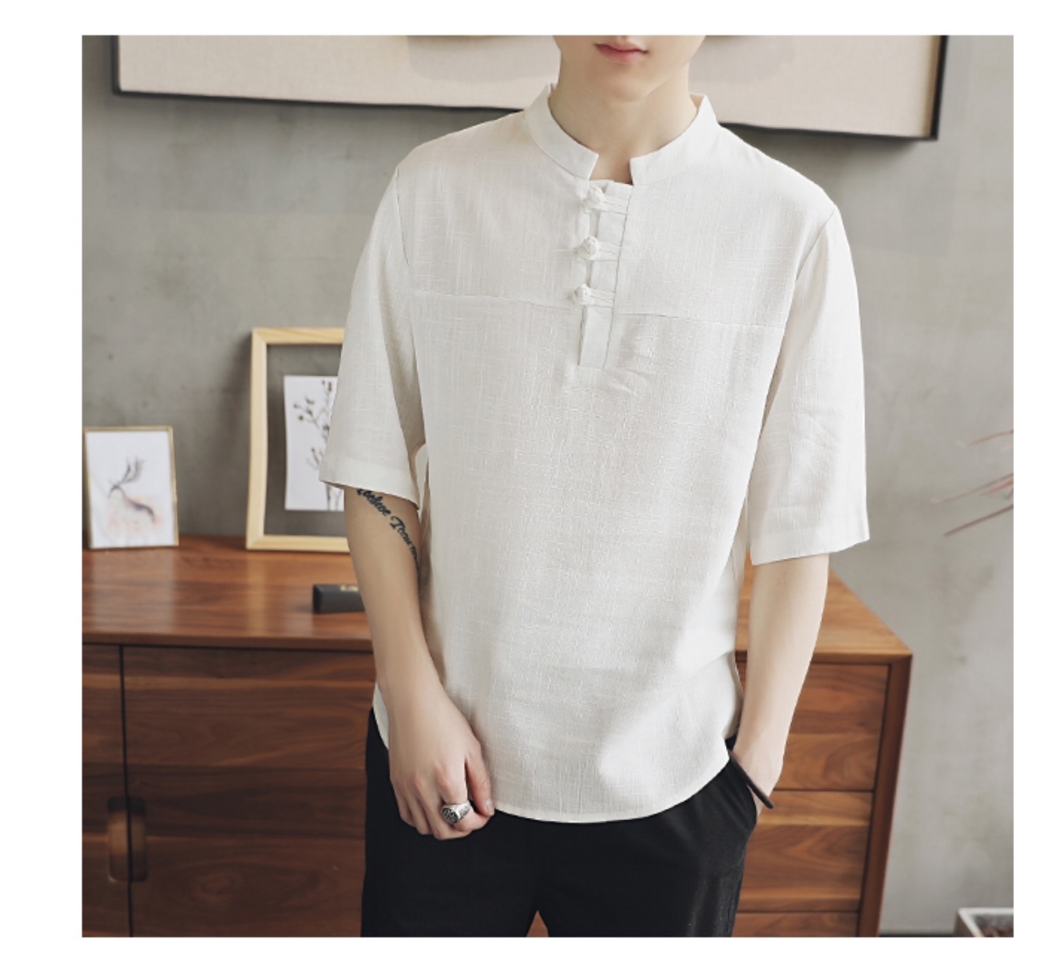 เสื้อผู้ชาย ผ้าลินิน สีขาว รหัส FO 74 สินค้าพร้อมส่ง