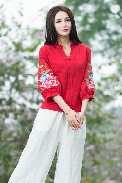 เสื้อผ้าลินิน สีแดง ลายปัก รหัส BR 69 สินค้าพร้อมส่ง