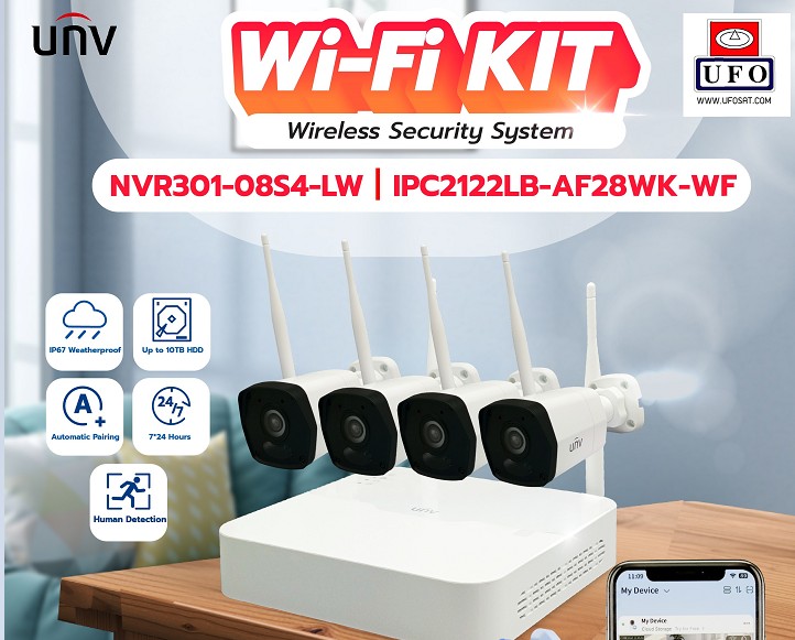 ชุดพร้อมติดตั้ง Wifi kit Uniview UNV ชุดกล้อง 4 ตัว ความละเอียด 2 ล้านพิกเซล มีไมค์ในตัว ฟังเสียงได้ พร้อม เครื่องบันทึก NVR + Harddisk 1TB ประกันสินค้า 3 ปี / งานติดตั้ง 1ปี